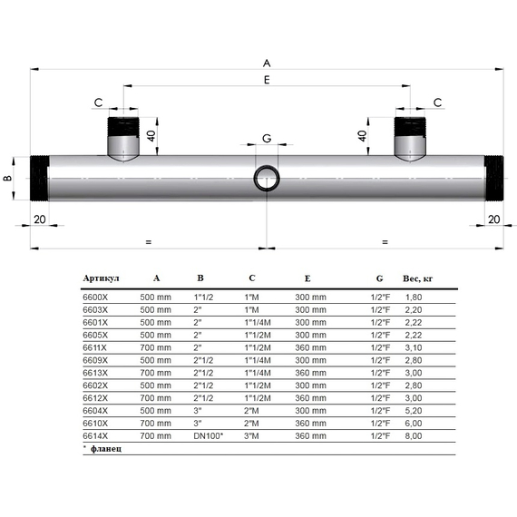 Colector pentru 2 pompe - aspirație Fome 495 mm 2 1/2"M x 1 1/4"M, 2 image