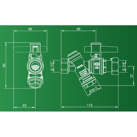 Grup de intrare pentru contor cu filtru inclus PN16 1/2*3/4" OR, 4 image