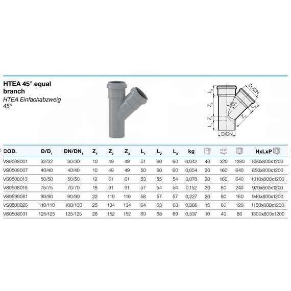 Тройник 110/110 угол 45° HTEA Valsir, изображение [1] фото