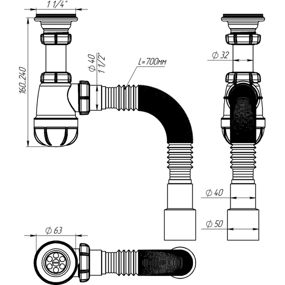 Sifon pentru lavoar 1 1/4" x 40 cu țeavă flexibilă 40x40/50, Aquant, 3 image