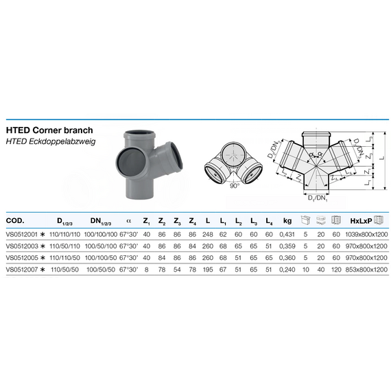 Cruce plană 110/50/50 unghi 67° HTED Valsir, 2 image