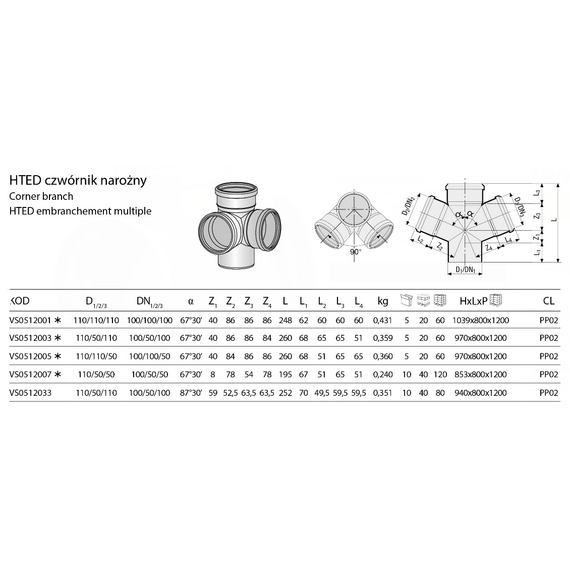Cruce plană 110/110/110 unghi 67° HTED Valsir, 2 image