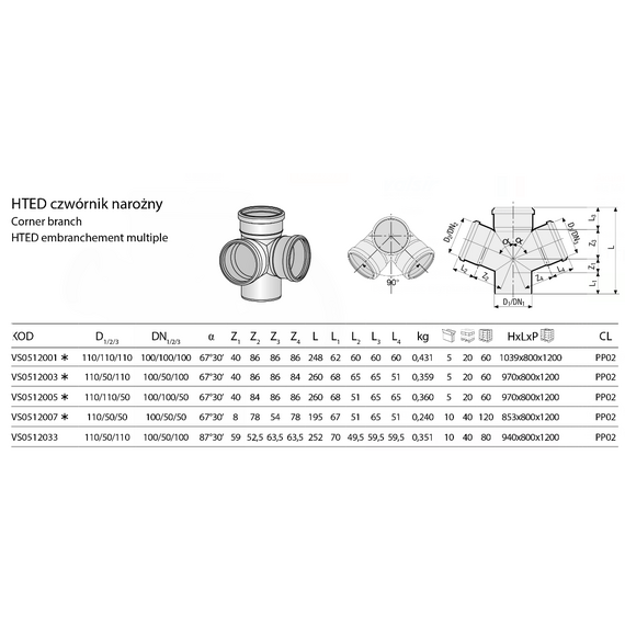 Cruce dublă plană, 110/50/110, unghi de 67°, HTED Valsir, 2 image
