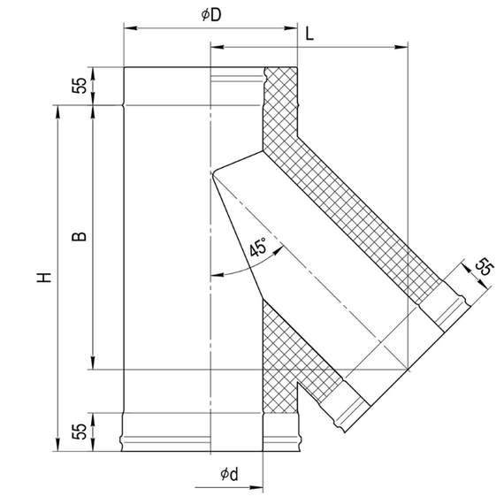Coș de fum cu triunghi sandwich de 135 ° Ferrum (430 / 0,5) D115х200, 2 image