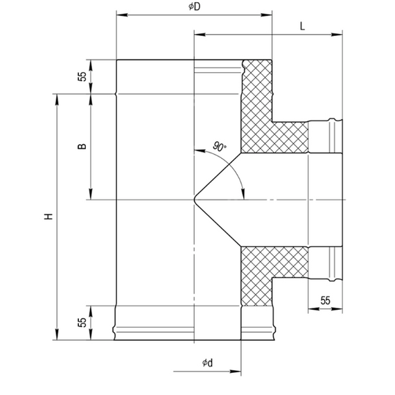 Сэндвич-тройник для дымохода 90° Ferrum (430/0,5) D130x200, изображение [1] фото