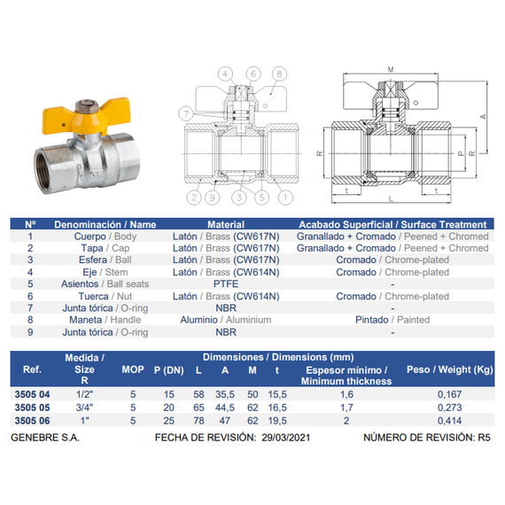 Robinet sferic pentru gaz cu fluture 1/2" FF (crom) Genebre, 2 image