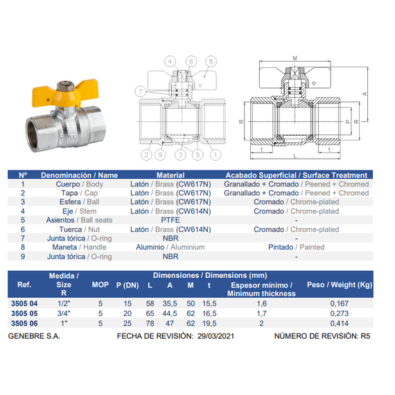 Robinet cu sferă pentru gaz, fluture 3/4" FF (crom) Genebre, 2 image