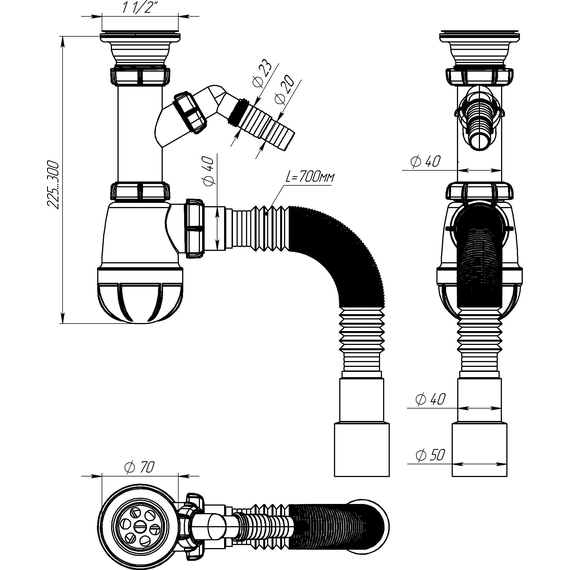 Sifon pentru bucătărie 1 1/2" x 40 cu evacuare pentru mașină de spălat cu tub flexibil 40x40/50, 3 image