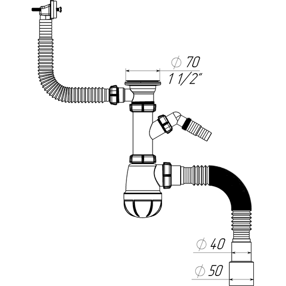 Sifon pentru bucătărie 1 1/2" x 40 cu evacuare pentru mașina de spălat și declansare cu furtun flexibil 40x40/50, Aquant, 2 image