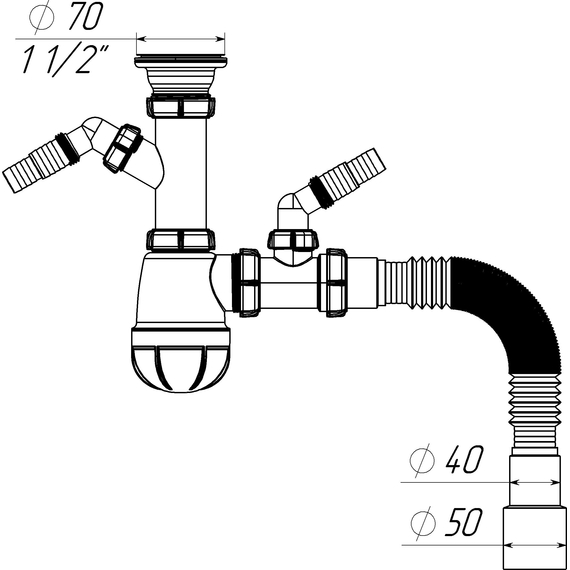 Sifon pentru bucătărie 1 1/2"х40 cu două prelevări și trap 40х40/50, Aquant, 2 image
